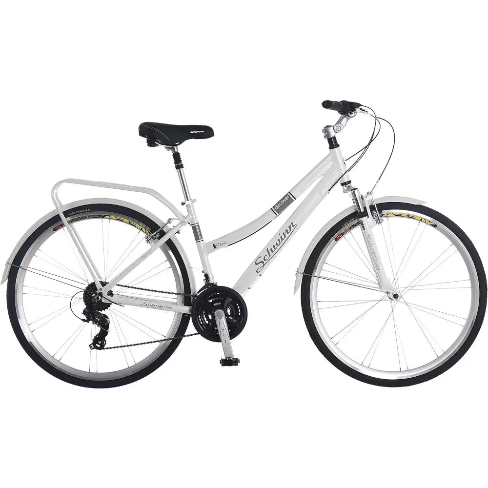 Discover Mens and Womens Hybrid Bike, 21 Speed, 28-Inch Wheels, Step-Through or Step-Over Frame, Front and Rear Fenders - Adventure Rite